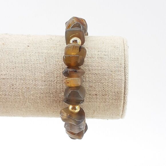 Bracelet Multi-colored Stone Brown Green Gold Toned Beads Classy Fashion - Picture 1 of 4